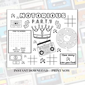 Notorious Party Kids Party Placemats, Coloring Placemat Imprimível, Notorious Party Activity Mat, Notorious One Coloring Pack, Biggie Smalls