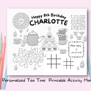birthday placemat Tea Party favors printable custom birthday activity placemat kids high tea sleepover party coloring pages digital games