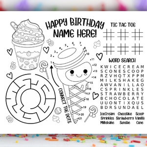 Ice Cream Party Coloring Placemat, activity placemat birthday, restaurant placemat, Custom, Ice Cream Birthday, PJ Party, Sleepover,