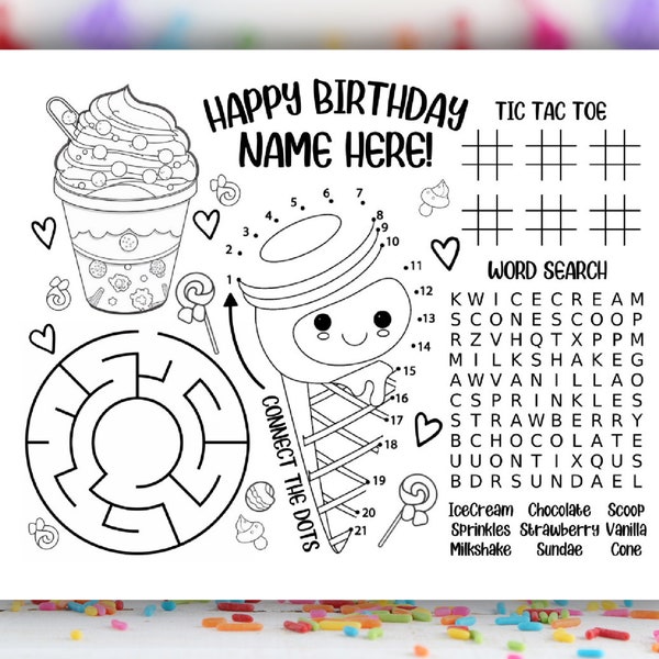 Ice Cream Party Coloring Placemat, activity placemat birthday, restaurant placemat, Custom, Ice Cream Birthday, PJ Party, Sleepover,