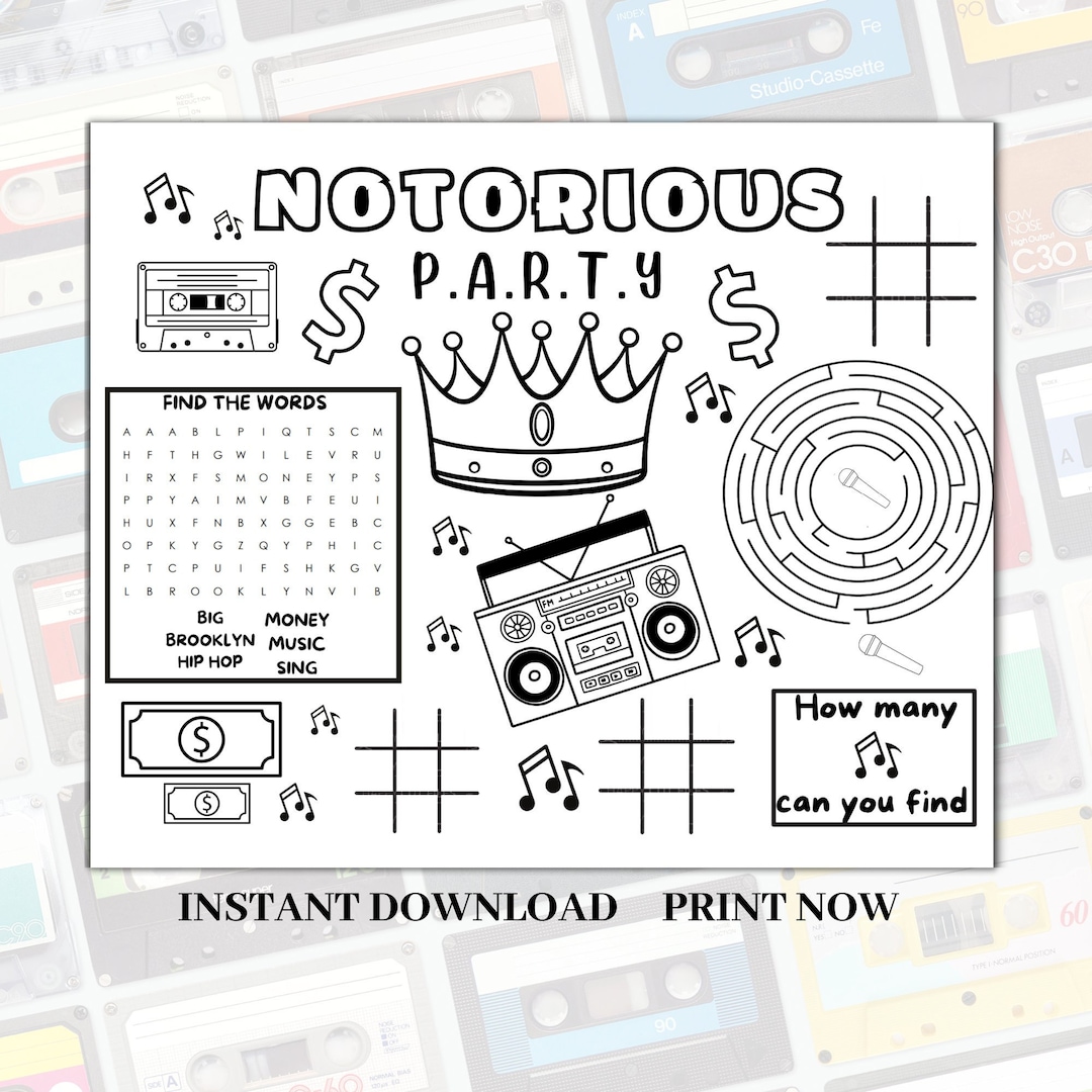 Notorious Party Kids Party Placemats , Coloring Placemat Printable
