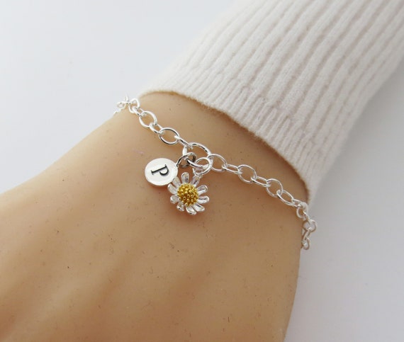 Sterling Silver Daisy Initial Charm Bracelet Gift for Women 