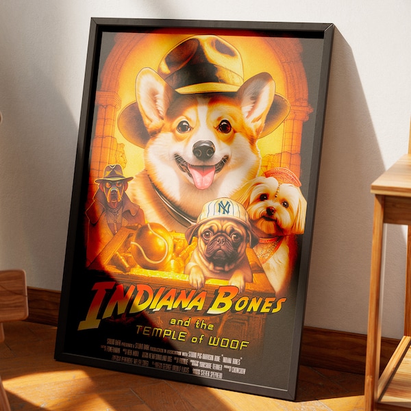 Corgi Wall Art Poster Indiana Bones Funny Adventure Illustrated Portrait for Dog Mom Corgi Lover Gifts Wall Decor