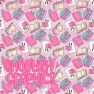 Könnte beinhalten: Rosa Muster mit Büchern, Geistern und Blumen. Die Bücher sind rosa, blau und beige. Weiße Geister lesen Bücher. Der Text "Ghoulish Graphics" ist in Rosa gehalten.