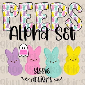 Diseñador original / Peeps Alpha Font Letras de Pascua PNG Diseño de sublimación Descargar Tumblers DTF Pegatinas