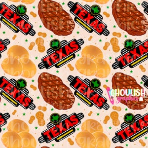 May include: A seamless pattern featuring a repeating design of a red and black "Texas" sign, a brown steak, peanuts, and tan-colored round objects. The background is a light peach color.
