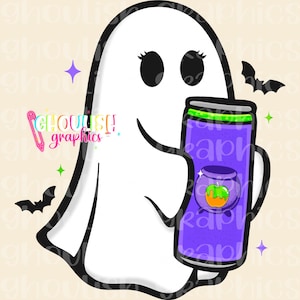 May include: A cartoon ghost holding a purple can with a green and orange apple cauldron design. The ghost is white with black eyes and a smiling mouth. Bats and stars are also in the image. The text "Ghoulish Graphics" is in the image.