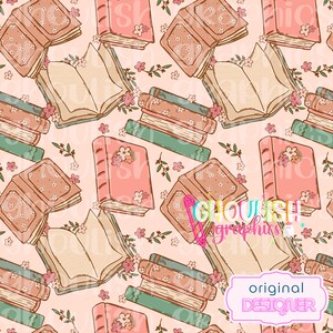 May include: A repeating pattern of vintage books in shades of pink, peach, and teal, with floral accents. Some books are open, revealing blank pages. The background is a soft peach color. The design includes the text "original DESIGNER".