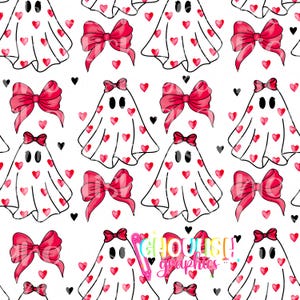 Peut inclure: Un motif sans couture représentant des fantômes blancs avec des cœurs rouges, portant des nœuds roses. Le fond est blanc.