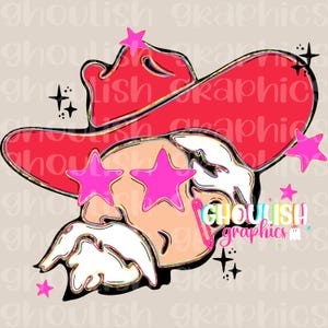 May include: A cartoon illustration of a red cowboy hat with a white face wearing pink star-shaped sunglasses. The text "GHOULISH! graphics" is in the lower right corner of the image.