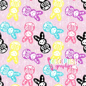 Peut inclure: Un motif sans couture représentant des squelettes de lapins de Pâques colorés sur un fond de paillettes rose. Les lapins sont de différentes couleurs, notamment jaune, bleu, rose, violet et noir. Le motif est parfait pour les projets d'artisanat, le scrapbooking et plus encore.