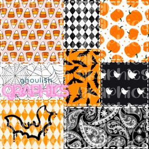 May include: A patchwork design featuring Halloween-themed patterns. Candy corn, pumpkins, bats, spiderwebs, ghosts, and paisley designs in orange, black, white, and peach colors. The text "ghoulish GRAPHICS" is also present.