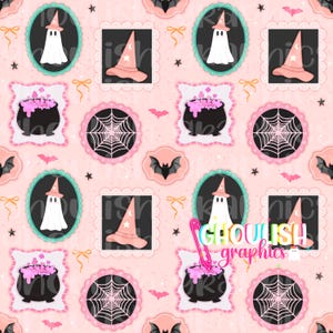 May include: A repeating pattern featuring Halloween-themed illustrations. The design includes ghosts, witch hats, cauldrons, spiderwebs, and bats in a pink and black color scheme. The text "Ghoulish Graphics" is also present.