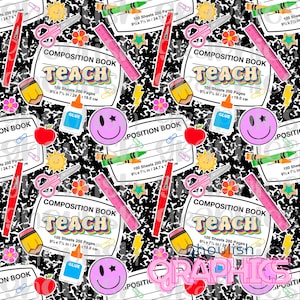 Peut inclure: Un motif sans couture noir et blanc représentant des fournitures scolaires, notamment un cahier de composition avec le texte "COMPOSITION BOOK TEACH 100 Sheets 200 Pages 9 1/2 x 7 1/2 in / 24.1 x 19.0 cm", un bâton de colle, un visage souriant, un crayon, une règle, des ciseaux, un crayon rouge, un crayon rose, une étoile jaune, un éclair, une fleur et un soleil.