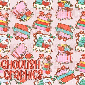 May include: A repeating pattern of Christmas-themed illustrations on a pink background. The design includes stacks of books, gift bags, and framed pictures of a snowman reading, all adorned with bows, holly, and string lights. The text "Ghoulish Graphics" is also present.