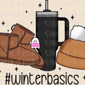 May include: A brown and black pair of winter boots, a black travel mug with a lid and a straw, and a brown knit beanie with a white pom-pom. The items are arranged on a beige background with the text #winterbasics.