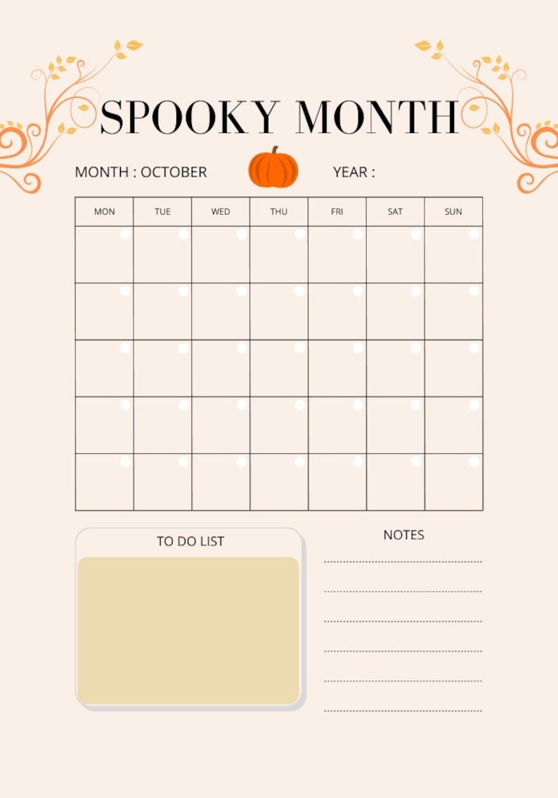 October Routine Calender Printable Fall October Month Calendar With Notes and to Do List ...