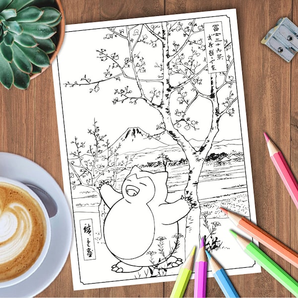 Pokemon Colouring Book Page - Snorlax Cherry Blossom - Print at Home - Digital Download - US Letter - A4 - Japanese Woodblock