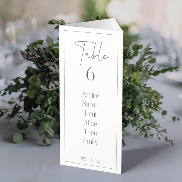 de Table de mariage à trois volets numériques à thème, Numéro de table à trois volets pour mariage minimaliste | Numéros de table de mariage modernes | Menu de table à trois volets