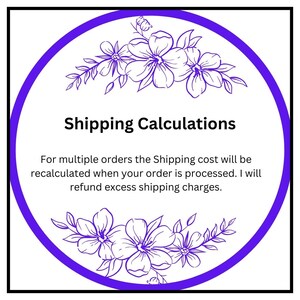 May include: A circular graphic with a purple border and floral illustrations. The text "Shipping Calculations" is centered, with additional text below explaining shipping cost recalculations for multiple orders and refunds for excess charges.