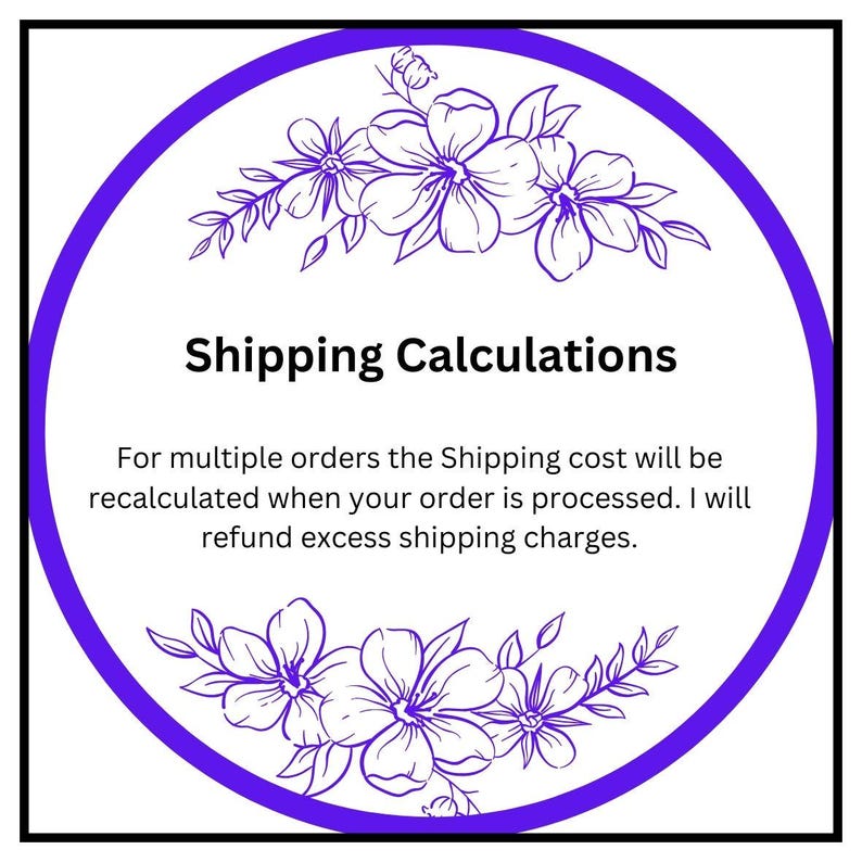 May include: A circular graphic with a purple border and floral illustrations. The text "Shipping Calculations" is centered, with additional text below explaining shipping cost recalculations for multiple orders and refunds for excess charges.