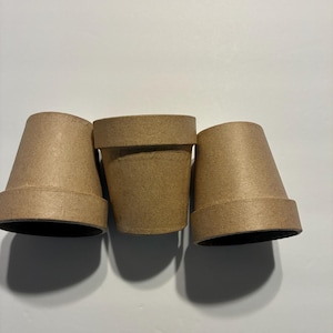 May include: Three small, brown paper flower pots with a rolled rim. The pots are arranged in a row, with one upright and two tilted on their sides. The pots are empty and have a simple, natural aesthetic.