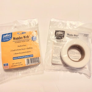 May include: Two packages of Pellon Wonder-Web fusible web tape. The package on the left shows the product details and the package on the right shows a roll of the tape.
