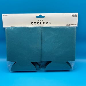 May include: Teal can coolers, packaged in clear plastic. The package includes six can coolers. The top of the package has the words "CAN COOLERS" printed in black. The background is a solid blue.