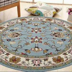 Handmade Wool Area Rug: Round Sky Blue Traditional Floral Design