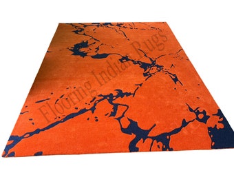 Crack Tapijt Patroon Handgetuft Hoge/Lage Textuur 100% Wollen Karpetten Voor Thuis, Woonkamer, Slaapkamer, Hal, Eetkamer, (Kleur Oranje/Blauw)