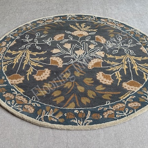 Round Wool Area Rug: Handmade Traditional Floral Design