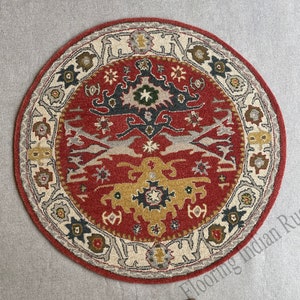 Handmade Wool Round Area Rug: Red Multi Traditional Design