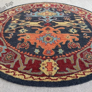 Handmade Wool Round Area Rug: Traditional Blue Multi-Color Design