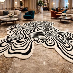 May include: A striking, abstract rug featuring a black and white swirl pattern. The rug has an irregular shape with a cream-coloured base and bold black lines. It's placed on a marble floor in a luxurious setting, creating a focal point.