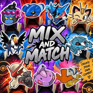 May include: A collection of colorful cartoon creature stickers arranged around the central text MIX AND MATCH. The bottom right corner features the text CREATE YOUR OWN COMBO! with a heart symbol. The background is a vibrant, multi-colored abstract design.
