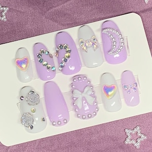 Kawaii Lavender and White Press-On Nails