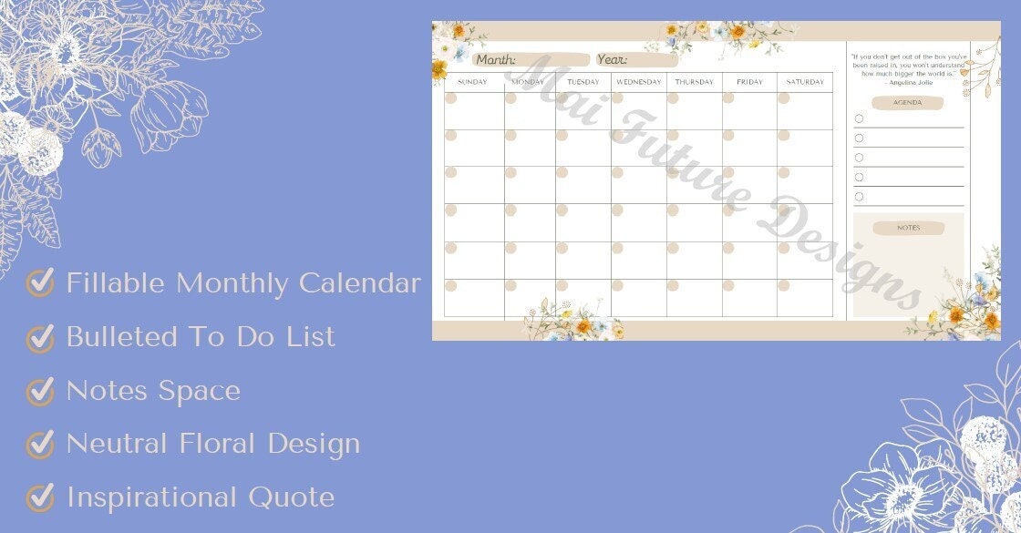 Printable Fillable Monthly Calendar PDF Neutral Floral - Etsy