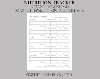 Nutrition Tracker, Printable, Diet Planner, Daily Calorie, Protein, Fat, Carbs Counter, Macro Tracker, Healthy Lifestyle Goals