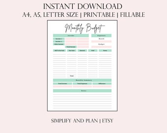 Monthly Budget Printable PDF Digital Planner, Financial Organizer, Finance Tracker, Organize Your Funds