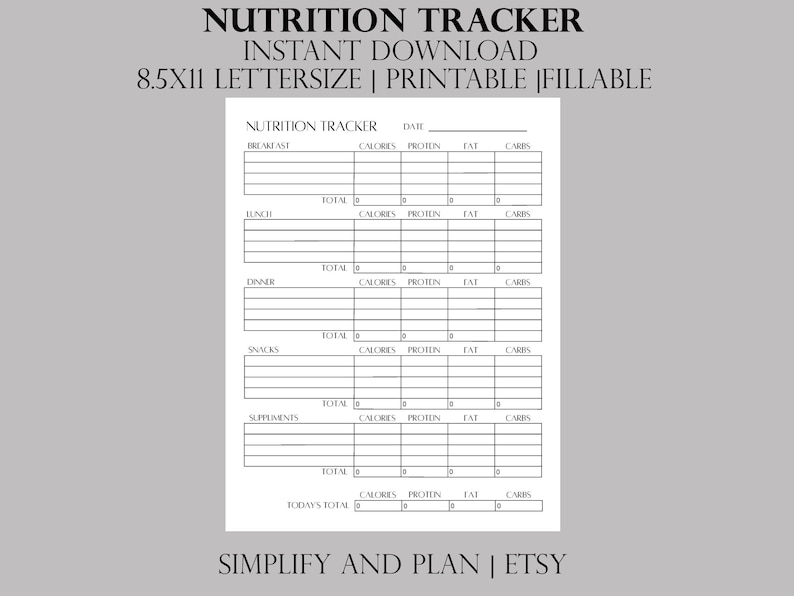 Nutrition Tracker, Printable, Diet Planner, Daily Calorie, Protein, Fat
