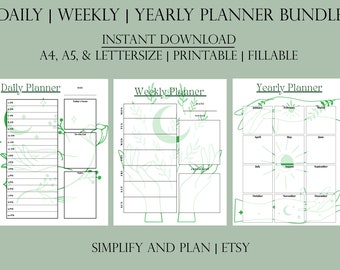 Hands Crescent Moon Daily, Weekly, Yearly Bundle, Printable PDF Digital Planner, Green Moon Energy Organizer, Instant Download