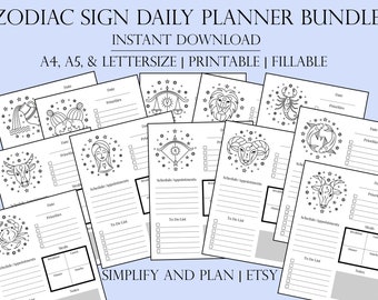 Zodiac Sign Daily Planner Bundle Printable PDF Digital Planner, Astrology Oganizer, Your Sign On A Daily Planner