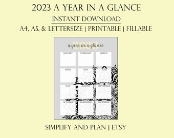 2023 A Year In A Glance Printable PDF Digital Planner, Yearly Planning, Organize Every Month, Mandala Flower