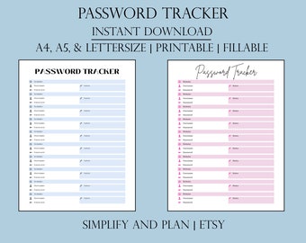 Password Tracker Printable PDF Digital Planner, Blue And Pink, Username And Password Log, Login List