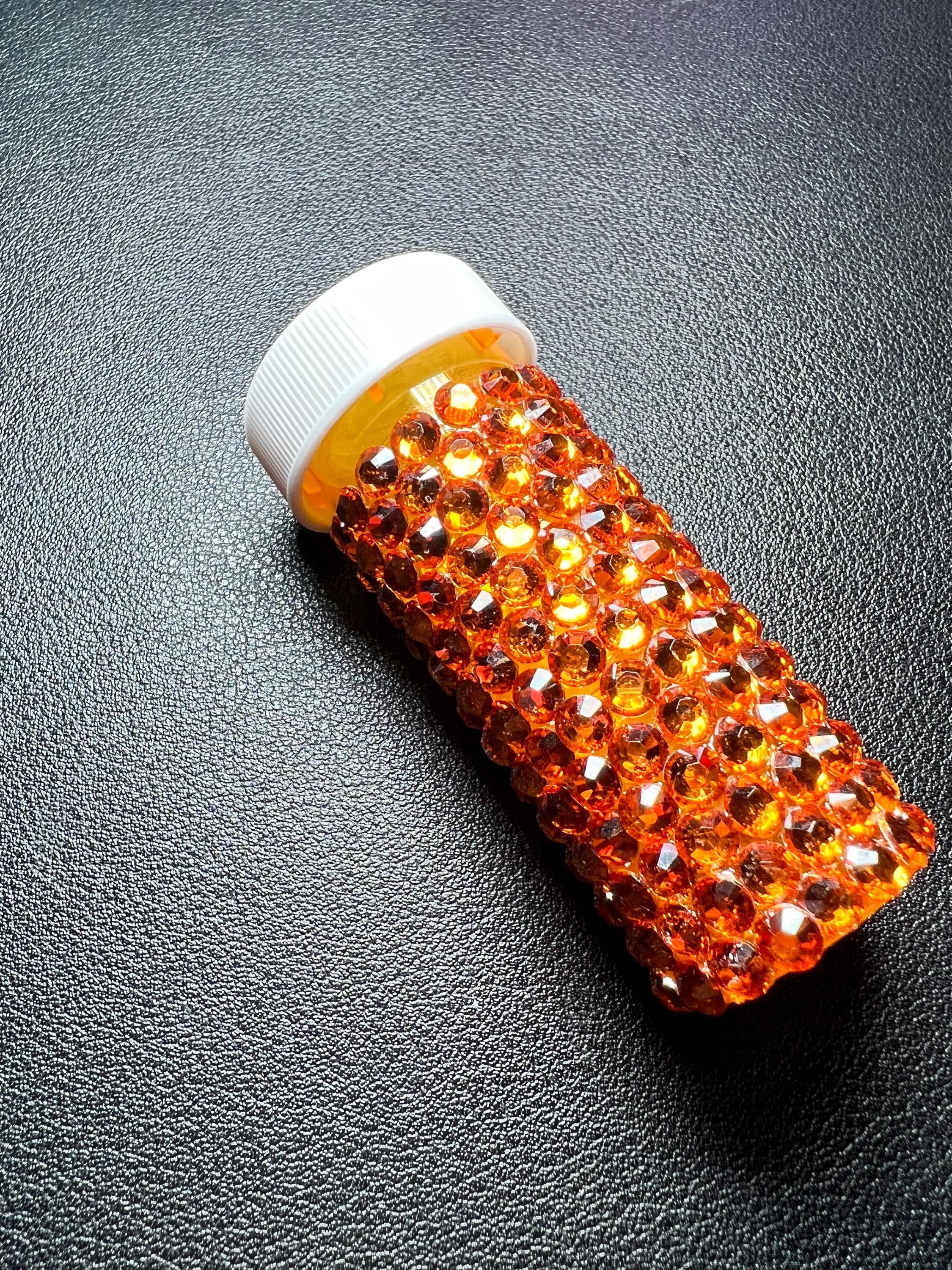 Bedazzled Pill Medicine Bottle Mini With Orange Rhinestones and