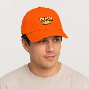 May include: A bright orange baseball cap featuring the word PUSH in bold, gold-toned block letters above a graphic of an open book. The cap has a structured crown, a curved brim, and a button on top, providing a clear view of the front design.