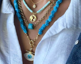 Conjunto de joyería colgante de collar de palanca de piedra azul, conjunto de collar de cadena chapado en oro en capas de mal de ojo azul, collar de capa turquesa