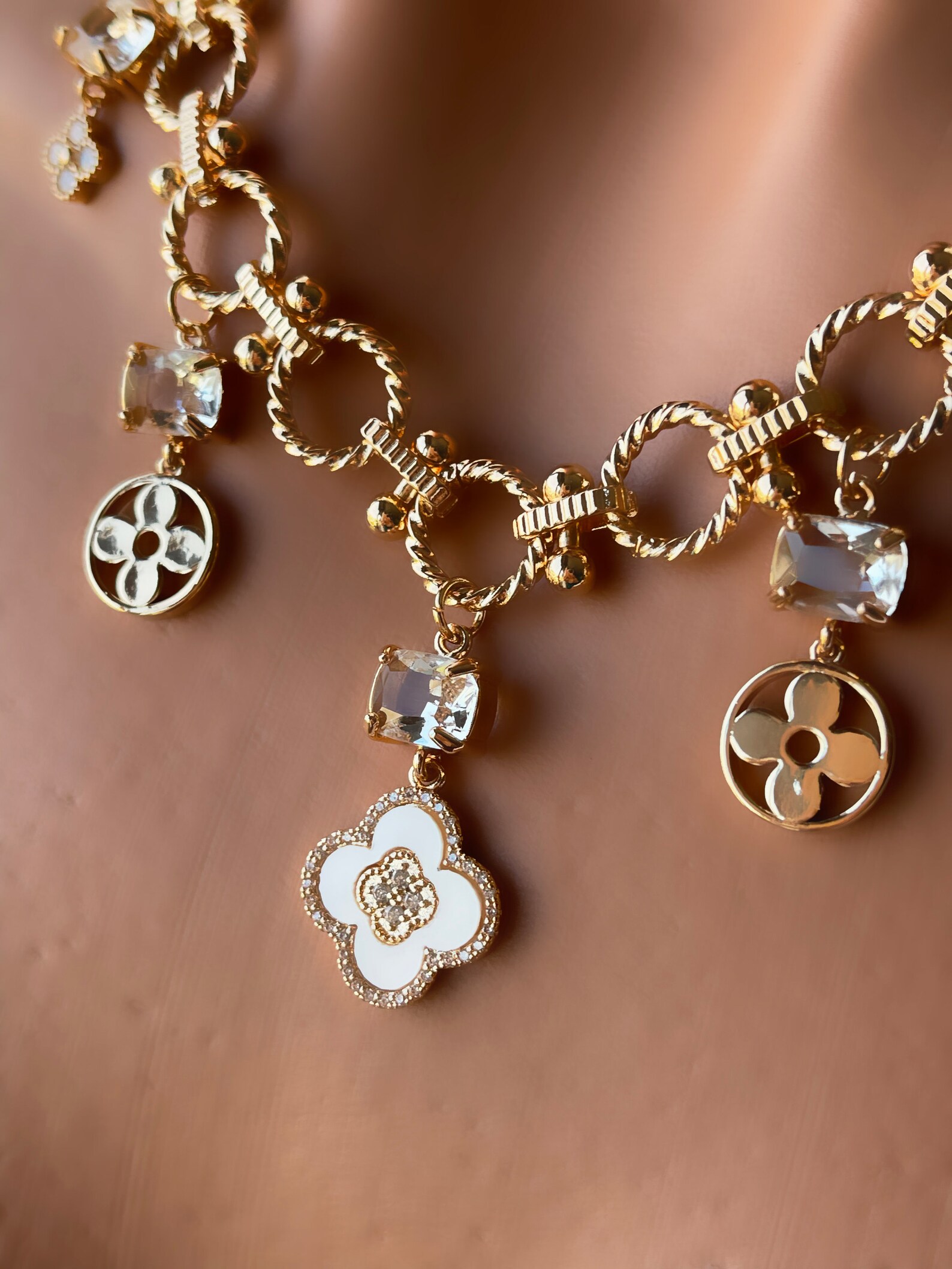 18k Gold Sparkle Chain Necklace, Gold Filled Clover Necklace , Cubic