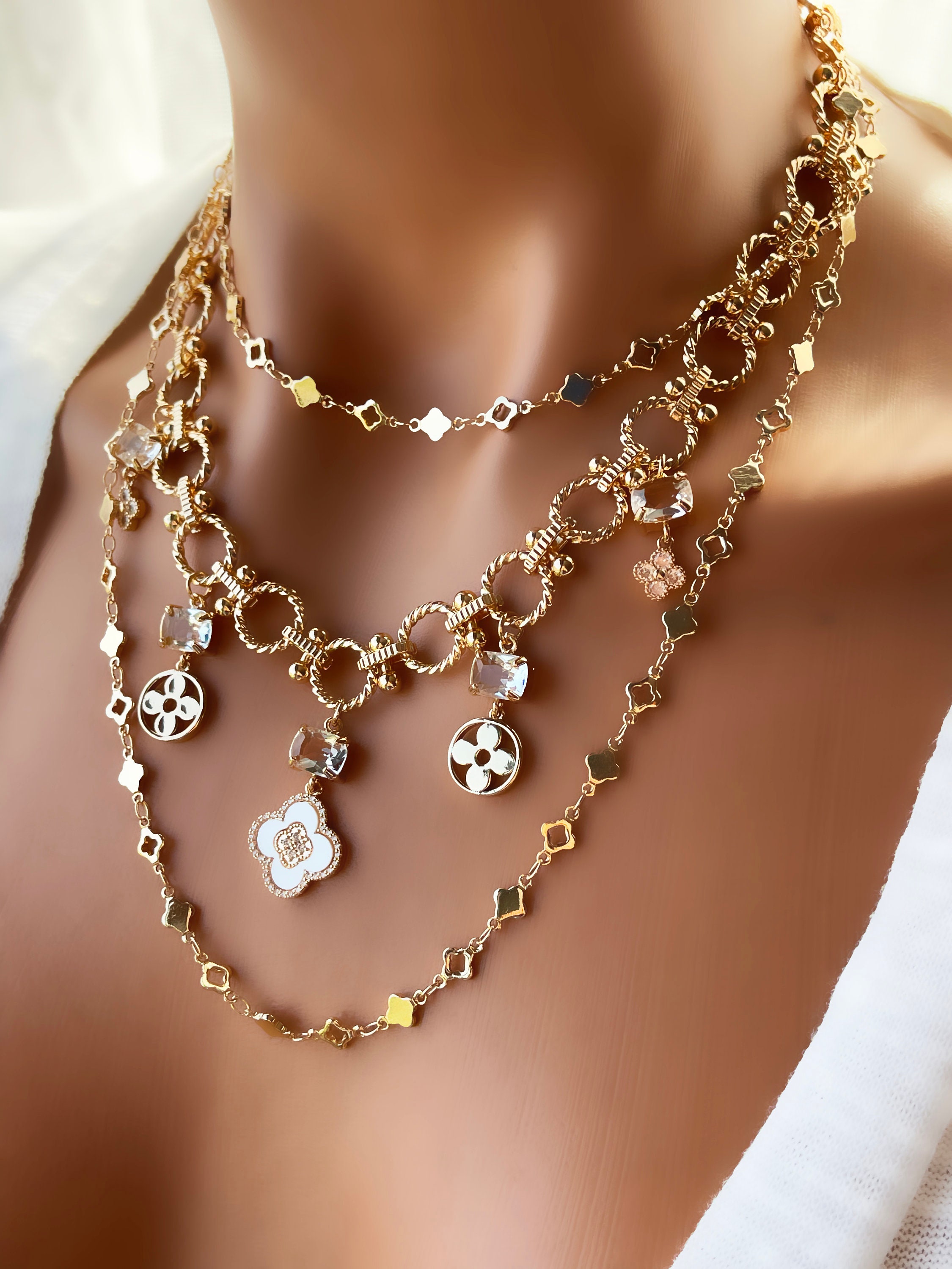18k Gold Sparkle Chain Necklace, Gold Filled Clover Necklace , Cubic Zircon Shell Layered