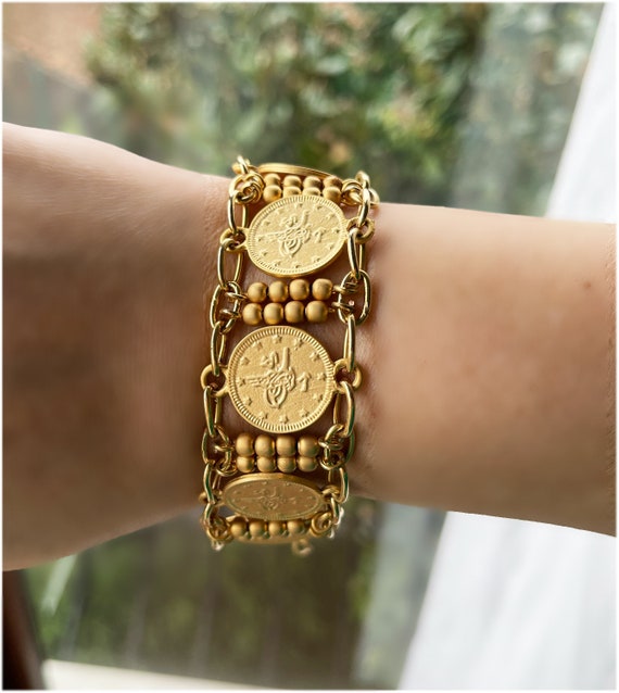 Handmade Byzantine Gold Plated Roman Coin Bracelet Bohemian